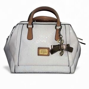 Guess white bag top handles with rose gold details with embossed G logos